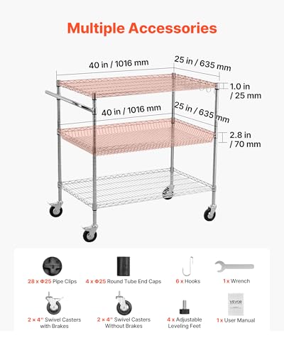 VEVOR Kitchen Utility Cart, 3 Tier Heavy Duty Adjustable Wire Storage Rack, Commercial Steel Rolling Service Trolley on Wheels, Work Table with Handle Bar, for Garage and Laundry Room, 40x25x40.9 in - size: 25"D x 40"W x 40.9"H