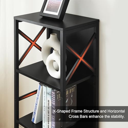 MNEETRUNG Small Bookshelf,4 Tier Industrial Bookcase with Metal Frame and Backboard,Narrow Black Book Shelf,Office Book case for Small Spaces,Living Room,Bedroom and Home Office - color: Black, size: 4-Tier (15.7"W x 11"D x 39.5"H)