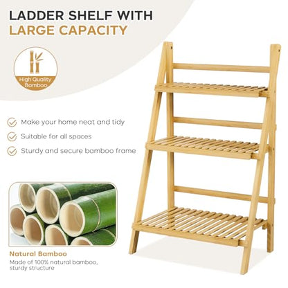 Foldable Ladder Shelf 39.4", Plant Shelf 3 Tier, Bamboo Ladder Flower Pot Display Shelf, Freestanding Ladder Bookshelf for Living Room, Balcony, Yard, Garden, 23.6"W x 15"D x 39.4"H, Natural - color: 3-tier Natural