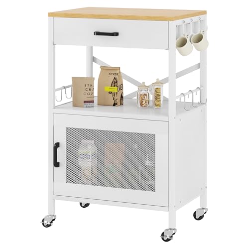 Homeiju Kitchen Island Cart, Kitchen Storage Cart with Drawer, Microwaves Stand, Coffee Cart, Rolling Kitchen Cabinet Cart with Hooks for Kitchen, Dining Room, White - color: White