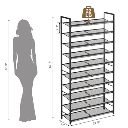 10 Tier Metal Shoe Rack, Tall Shoe Organizer Holds 40-50 Pairs, with Adjustable Flat or Angled Shelves, Shoe Storage Shelf for Closet, Entryway, Garage, Black - size: 10-Tier