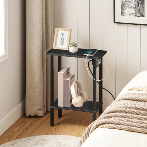 HOOBRO Small End Table with Charging Station, Narrow Side Table with USB Port and Outlets, Skinny Sofa Table, Slim Nightstand, Living Room, Bedroom, Black BK240UBZ01 - color: Black, size: 7.9"L x 15.7"W x 22.6"H
