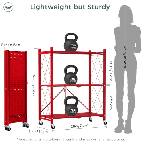 DEANIC 3 Tier Foldable Storage Shelves with Wheels, Kitchen Appliance Stand, Freestanding Metal Wire Shelf Rack, No Assembly Organizer Rolling Cart for Garage, Basement, Pantry(Red Pack of 2) - color: Red