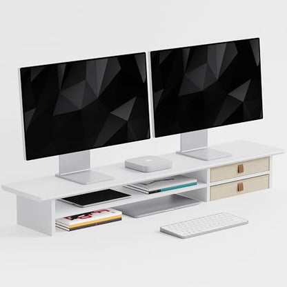 FENSULN Dual‑Tier Monitor Stand Riser with Drawers, Desktop Organizer Shelf Storage for Computer Screen 2 Monitors, Supports for PC Computer Monitor, Printer, Heavy TV Riser White
