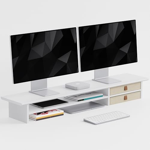 FENSULN Dual‑Tier Monitor Stand Riser with Drawers, Desktop Organizer Shelf Storage for Computer Screen 2 Monitors, Supports for PC Computer Monitor, Printer, Heavy TV Riser White