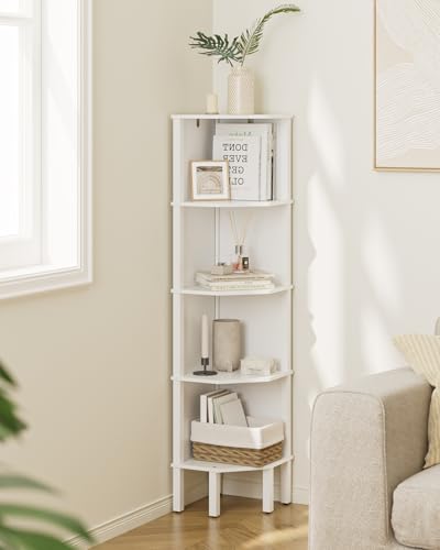 Corner Shelf, 5 Tier Corner Bookshelf, Display Corner Shelf Stand with Storage Rack, Wall Corner Bookshelf for Living Room, Bedroom, Office, White - color: White