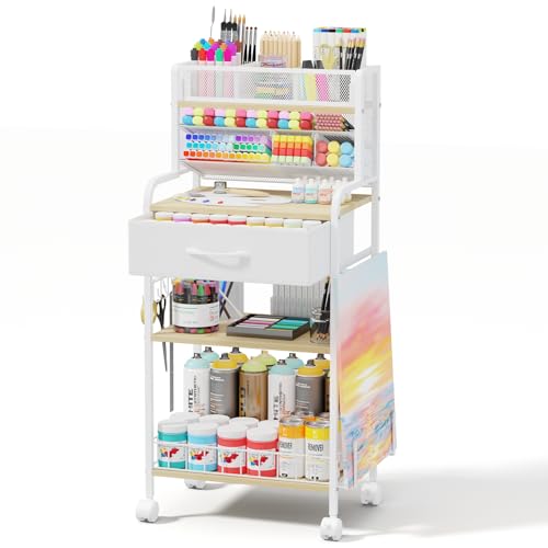 Homsorout Art cart, 3 Tier Rolling Cart - Utility Cart with Storage Drawer and Wheels, Versatile Art & Craft Organizer for Home, Office, or Studio Ideal for Storing Brushes, Paints （ White） - color: White Maple