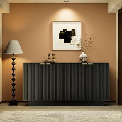 63'' Large Fluted Sideboard Buffet Cabinet, Modern Storage Cabinet with Adjustable Shelf, Console Table Wine Bar Accent Credenza with 4 Doors for Dining Room, Living Room, Hallway(Black) - color: Black