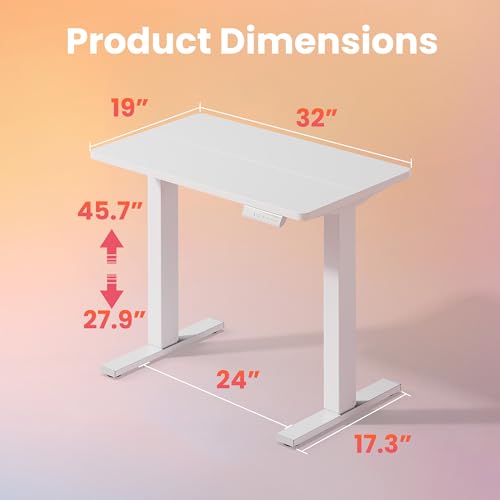 HUANUO 32x19 Inch Small Electric Standing Desk, Adjustable, White | Compact Home Office Desk, 176lbs Heavy Duty Lifting with 4 Height Presets. M8 Screw Holes Ready for DIY Mobile Wheels - color: White, size: 32" X 19"