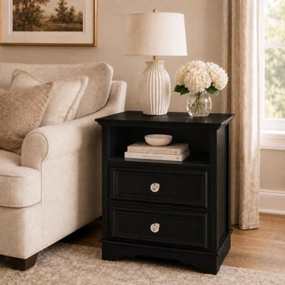Brafab Bedside Table Set of 2 with Hidden Drawer, 25" Tall | Black Night Stand with 2 Drawers and Open Shelf, Classic Wood Night Stands with Secret Storage for Bedroom, Guest Room - color: Black