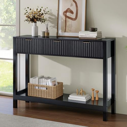 Nasonet Fluted Console Table, Wooden Sofa Table with Storage and Drawers, Farmhouse Behind Couch Table Entryway Table for Entrance, Hallway, Living Room, Black - color: Black, style: Modern