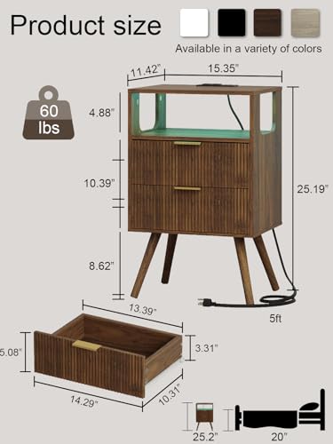 Leomonio Nightstand with Charging Station and LED Lights, Modern Bedside Table with 2 Storage Drawer and Open Wood Shelf for Bedroom and Small Spaces, Night Stand with Solid Wood Legs - color: Walnut Brown-outlet