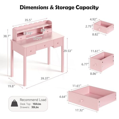 FUNKOCO Pink Writing Desk with Hutch & 5 Drawers - 40 Inch Modern Computer Workstation for Home Office, Teen Desk, Small Study Desk, Ideal for Gift - color: 4-large Pink
