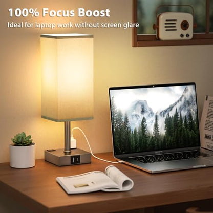 Grey Touch Lamps Set of 2 for Bedroom - Dimmable, USB C+A, 2 AC Outlets | 3-Way Dimming, 3000K LED Bulbs Included, Square Grey Lampshade Grey Base, Small Bedside Lamp for Nightstand, Desk - color: Grey-Grey