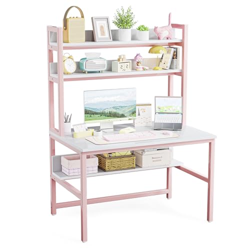 Aquzee Pink Girls Desk Hutch, 47in Woman Computer Desk with Bookshelf & Storage Shelves, Space Saving Girls Writing Study Craft Table for Bedroom Kids Room, White Wood & Pink Iron Home Office Desks - color: Pink, size: 47inch