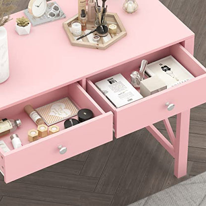 WiberWi Home Office Desk with Drawers, Modern Writing Computer Desk for Bedroom, Small Makeup Vanity Table Study Table for Home Office,Pink - color: Pink