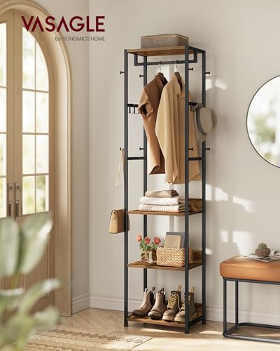 VASAGLE Coat Rack, Freestanding Hall Tree with Shelves, Hanging Rail, and Hooks, Space-Saving Coat Stand, Steel Frame, for Clothing, Bags, Hats, Ink Black and Rustic Brown URCR061BD04 - color: Ink Black + Rustic Brown, style: Industrial