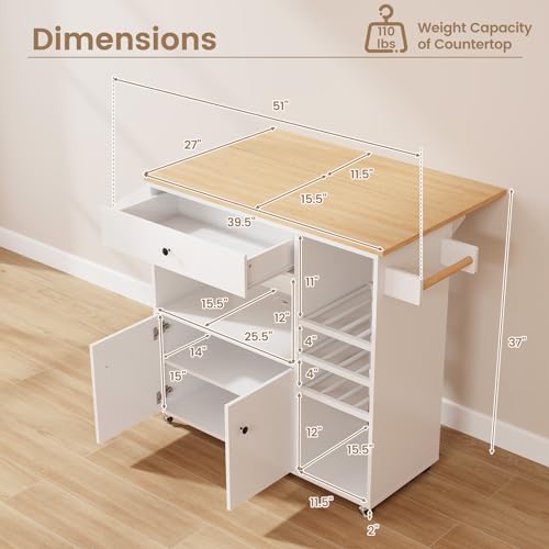 Giantex Rolling Kitchen Island Cart with Drop Leaf, Power Outlet, Spice Rack, 12 Wine Rack, Glass Holder, Drawer, Storage Cabinet, Towel Rack, Island Table for Breakfast Coffee Bar (White & Natural) - color: White & Natural