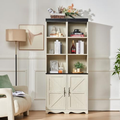 Farmhouse Tall Storage Cabinet with Adjustable Shelves, 3D Wood Grain Finish MDF Bookcase, Open Display Cubbies & Closed Barn Door Storage, Freely Combinable Bookshelf for Bedroom Living Room Office