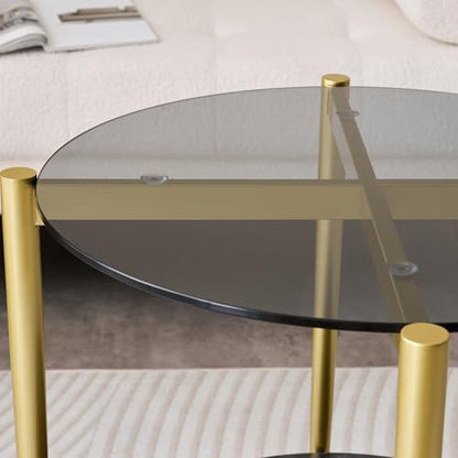 LumFurn Round Glass End Table, Mid-Century Modern Design Sofa Table for Living Room, D18 x H23 in, 2-Tier Structure, Grey Glass Top and Black Marble Shelf, Sleek Conical Legs with Gold Finish Frame - color: Grey & Black Marble, size: D18" Round End Table