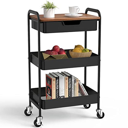3 Tier Rolling Cart with Drawer, Metal Utility Cart with Table Top | Storage Cart with Locking Wheels, Kitchen Cart Art Cart Organizer for Bathroom, Office, Balcony, Living Room, Classroom - color: Black