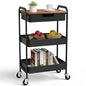 3 Tier Rolling Cart with Drawer, Metal Utility Cart with Table Top | Storage Cart with Locking Wheels, Kitchen Cart Art Cart Organizer for Bathroom, Office, Balcony, Living Room, Classroom - color: Black