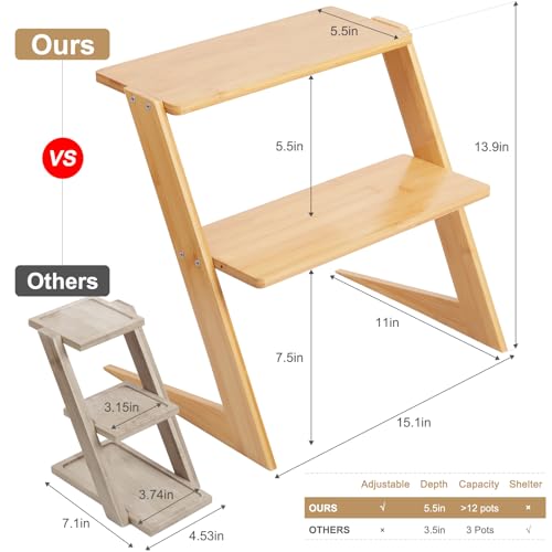 3 Tier Table Top Countertop Small Plant Stand with Shelf Adjustable | Bamboo Wooden Desk Plants Succulent Stand, Office Flower Pot Holder Rack ,Cup Cake Stand, Kitchen Spice Rack