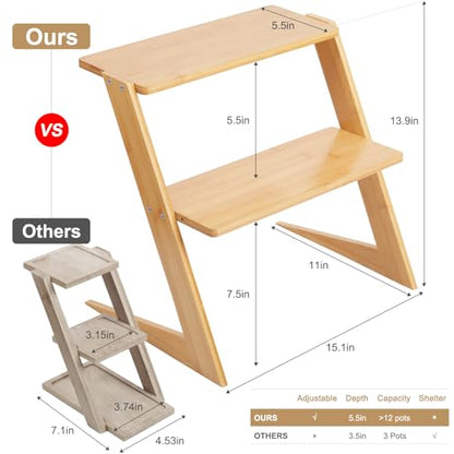 3 Tier Table Top Countertop Small Plant Stand with Shelf Adjustable | Bamboo Wooden Desk Plants Succulent Stand, Office Flower Pot Holder Rack ,Cup Cake Stand, Kitchen Spice Rack