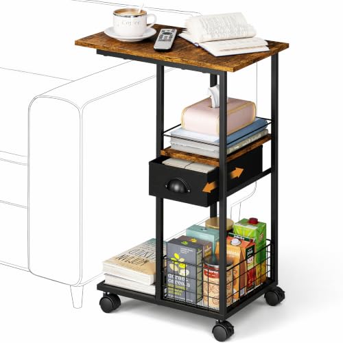 C Shaped Sofa Side Table with Wheels, Rolling Small Coffee Table with Drawer, Portable TV Tray Table for Couch, Bedside Table with Storage, Narrow Nightstand for Bedroom, End Tables Living Room - color: Black, size: Large (With Drawer & Wheels)