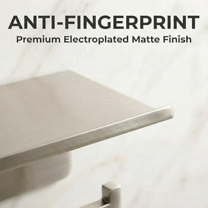 Toilet Paper Holder with Phone Shelf, Brushed Nickel | SUS304 stainless steel, screw-mounted, phone shelf with raised lip, fits standard toilet paper rolls - color: Brushed Nickel