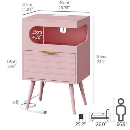 Veegle Nightstand,Modern Bedside Table with Storage Drawer and Open Wood Shelf, Accent Night Stand with Solid Wood Legs for Living Room, Bedroom and Small Spaces,Easy Assembly (Pink-1) - color: Pink-1
