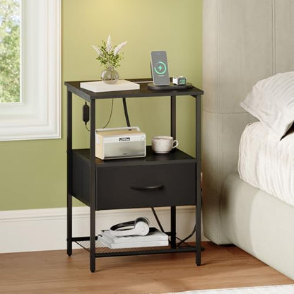 Somdot Nightstand Set of 2 with Charging Station & LED Light, Bedside Table | Dorm, Guest Room, Kids Room, Laundry, Closet, Entryway and Hallway, Black - color: Black, size: 11.8"D x 15.7"W x 23.4"H (1 Drawers)