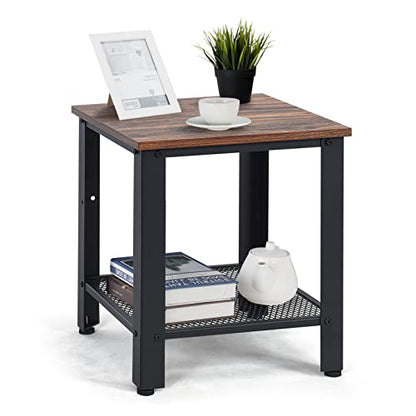 Small Side Table, 2-Tier End Table with Mesh Shelves & Metal Frame, Industrial Sofa Side Table w/Adjustable Feet for Living Room, Nightstand for Small Space, Dorm, Bedroom (1)