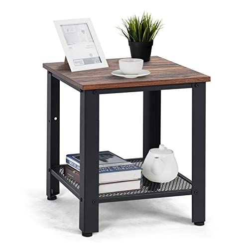 Small Side Table, 2-Tier End Table with Mesh Shelves & Metal Frame, Industrial Sofa Side Table w/Adjustable Feet for Living Room, Nightstand for Small Space, Dorm, Bedroom (1)