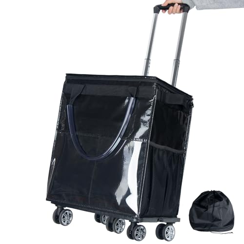 Reusable Grocery Bags on Wheels, Rolling Tote Bag, Portable Shopping Cart for Groceries with Wheels and Drawstring Bag, Trolley, 54L, Foldable, Black - color: Black