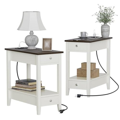 Treocho End Tables Living Room Set of 2 with Charging Station and 2 Drawers | Narrow Side Table with Ample Storage, Sofa Bedside Table for Small Spaces, Living Room, Bedroom, White & Brown - color: Brown/White