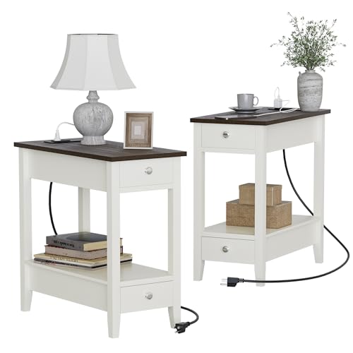 Treocho End Tables Living Room Set of 2 with Charging Station and 2 Drawers | Narrow Side Table with Ample Storage, Sofa Bedside Table for Small Spaces, Living Room, Bedroom, White & Brown - color: Brown/White