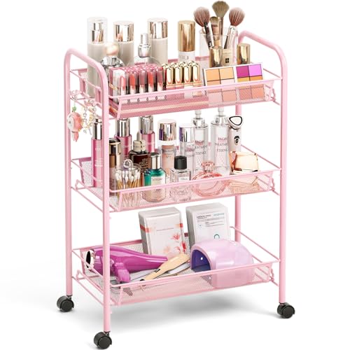 TOOLF 3 Tier Rolling Cart, Metal Utility Storage Cart with Wheels, Pink | 3 Hooks, Screwless Assembly, Trolley Organizer for Bathroom, Kitchen, Office, Nursery, Dorm, Laundry Room - color: Pink, size: 3-Tier