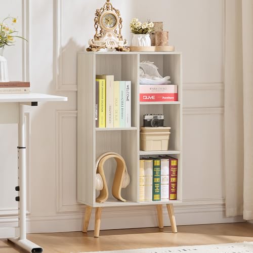 LEYAOYAO 5 Cube Bookshelf,Mid-Century Modern Bookcase with Legs,Light Grey | 3 Tier Book Shelf,Rustic Wood Bookshelves Freestanding Small Storage Organizer, Open Shelves for Bedroom, Living Room, Office - color: Light Grey White, size: 5 Cube with Legs