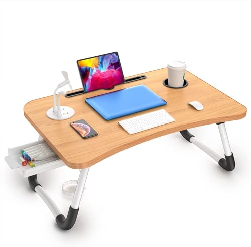 Elekin Laptop Desk for Bed,Portable Folding Lap Desk Bed Table Standing Work Table Bed Tray with 4 USB Port/Cup Holder/Drawer for Bed Couch/Sofa Wooden - color: Wooden