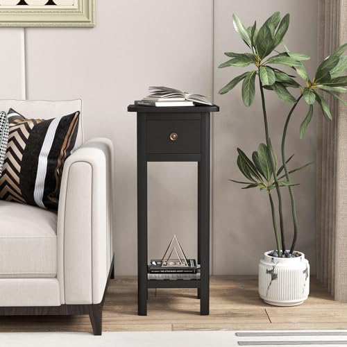 Giantex Narrow End Table with Drawer, Tall Acacia Wood Side Table with Bottom Shelf, Modern Bedside Tables, 2-Tier Nightstand for Small Spaces Bedroom Living Room, No Assemble Required, Black - color: Black