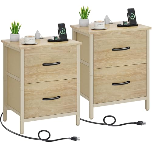 Vagusicc Nightstand Set of 2 with Charging Station, End Table Bedside Table with Power Outlet & USB Ports, Side Table with 2 Fabric Drawers for Bedroom, Living Room, Natural - color: Natural (2 Pack)