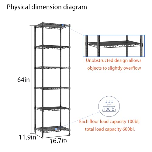 REGILLER 6 Wire Shelving Steel Storage Rack Adjustable Unit Shelves for Laundry Bathroom Kitchen Pantry Closet (16.7L x 11.9W x 64H, Black) - color: Black