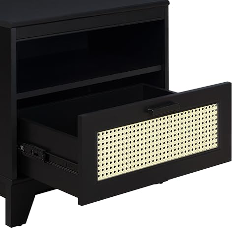 Manhattan Comfort Sheridan Cane Mid Century Modern Nightstand with 1 Full-Extension Drawer and Open Cubby Space, Elegant Bedside Table and Decor Accent for Bedroom and Living Room, Set of 2, Black - size: Set of 2