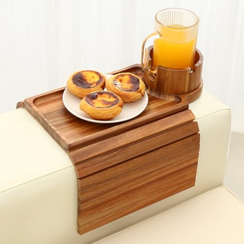 GHKINMAL Couch Cup Holder Tray, Acacia Wood Couch Armrest Table with 360° Ratated Phone Holder, 18.99" Flodable Anti-Slip Sofa Armrest Tray Tables for Snacks Remote Storage - color: Acacia Wood
