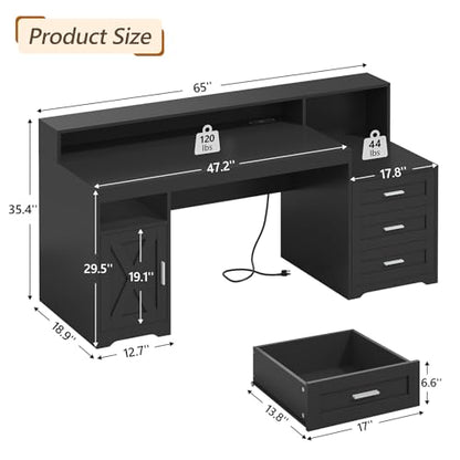 65" Farmhouse Computer Desk with Drawers and Printer Stand for Home Office | Office Desk with Power Outlets and Storage Cabinet, Study Writing Desks with Long Monitor Stand, Black - color: Black