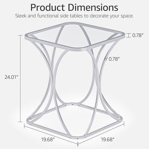 19.68" Square End Table with Tempered Glass Top, Stylish X-Shaped Metal Frame, Living Room Coffee Table, Sofa Side Table, Accent Tables for Small Spaces, Modern Bedside Table (Silver) - color: Silver, style: Style 2