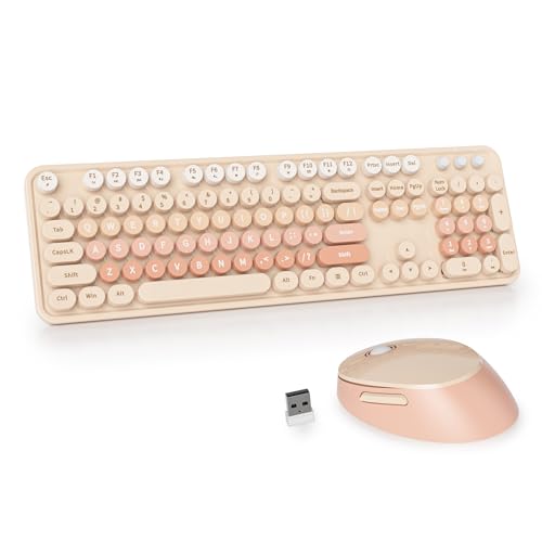 GTSP Colorful Brown Wireless Keyboard and Mouse Combo, Retro Wireless Typewriter Full-Size Cute Office Keyboard 2.4GHz with Round Keycaps for Desktop Laptop and PC (Cute Brown) - color: Cute Brown
