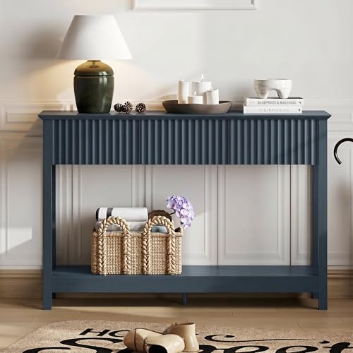 Treocho 47" Fluted Console Table with 3 Drawers and Storage Shelf | Narrow Long Entryway Table,Behind Couch Accent Tables, Entrance Foyer, Hallway, Living Room, Blue - color: Blue