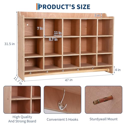 IDEALHOUSE Wall Mount Cubby Storage Organizer,15 Cubbies with Shoe Shelf Hooks 47Inch Width Daycare Shelves for Toys, Classroom Furniture, Kids Room Organization